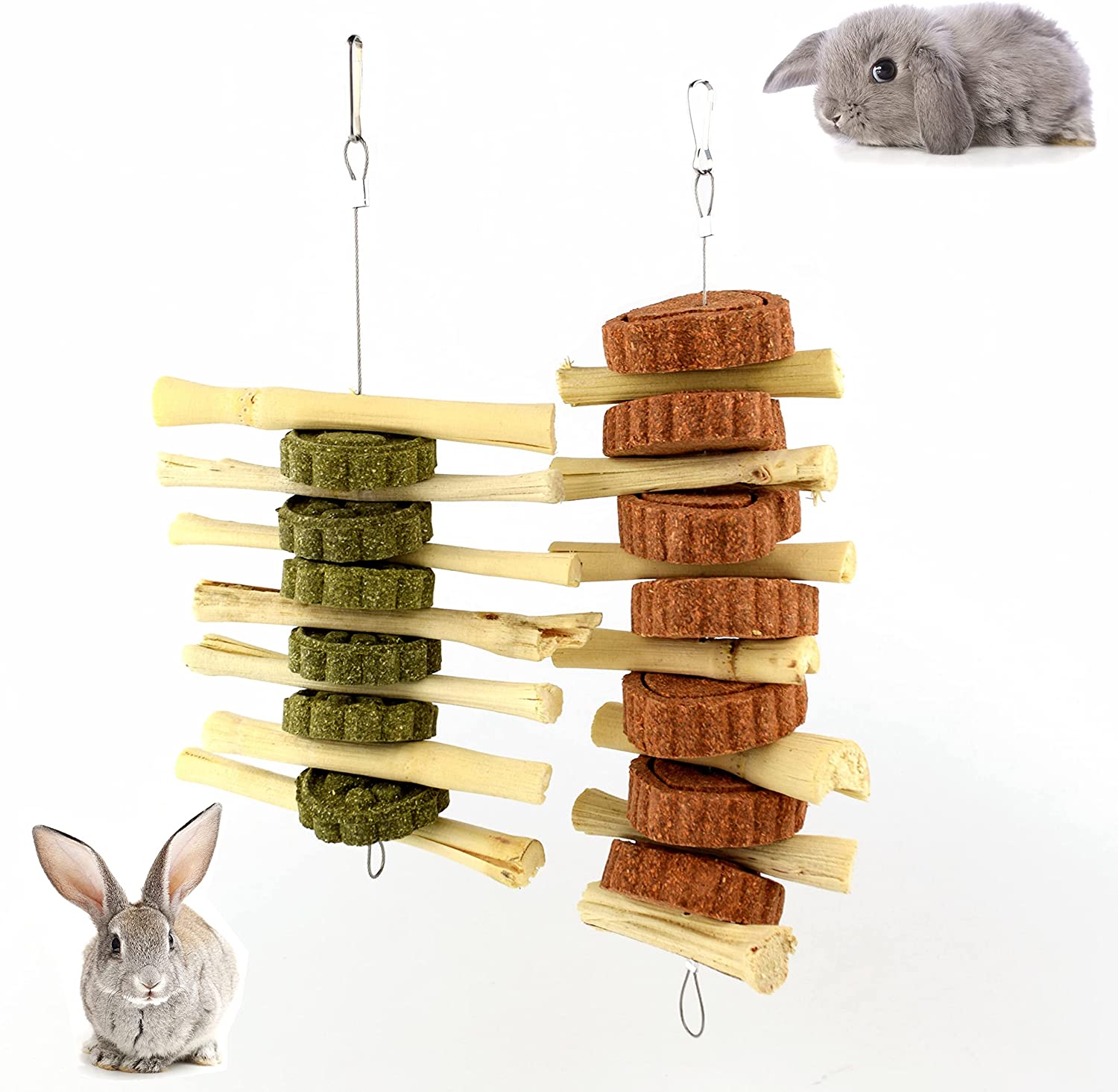 Bunny Chew Toys for Teeth, Organic Bamboo Sticks Alfalfa Cakes Rabbits Improves Dental Health, Pet Snacks Toys with Grass Cake for Rabbits, Guinea Pigs, Hamsters