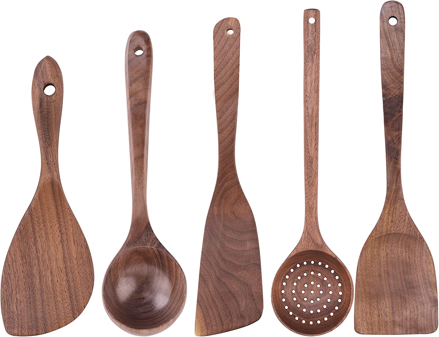 Wooden Kitchen Utensils Set, 5 PCS Handmade Natural Walnut Wooden Spoons for Cooking, Nonstick Wood Kitchen Cooking Spoons