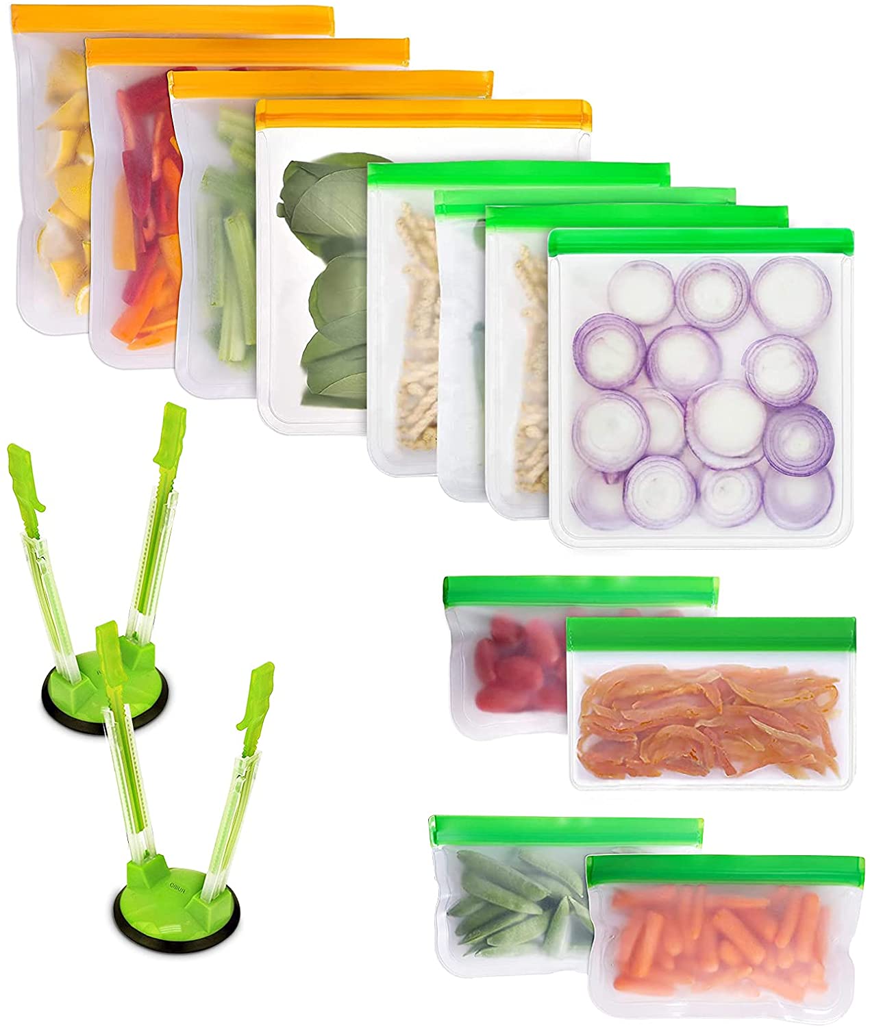 Reusable Food Storage Bags, 12 Pack Reusable Freezer Bags(BPA FREE), Leakproof Silicone Snack Food Bags with 2Pcs Ziplock Bag Holder (Flat)