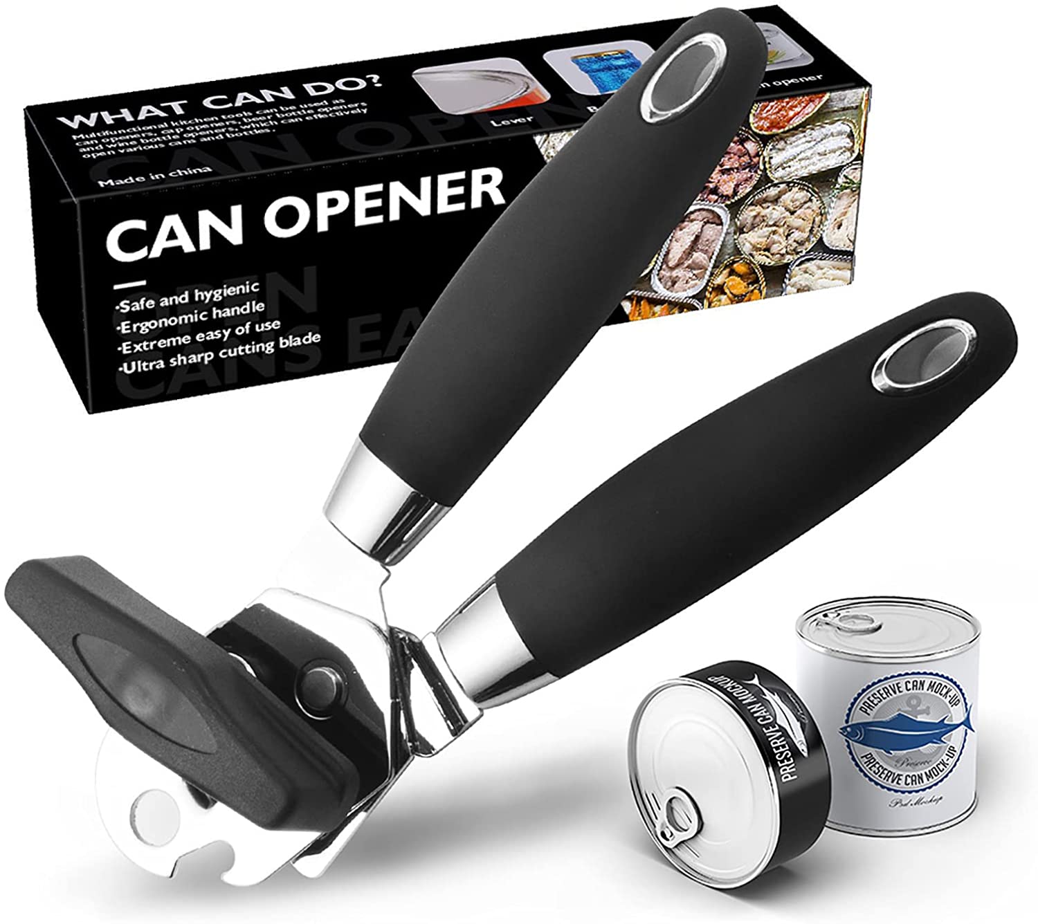 Manual Can Opener / Bottle Opener, Handheld Comfortable Grip, Stainless Steel Blades Smooth Edge with Easy-To-Turn Knob