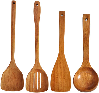 Wooden Spatula,Slotted Turner,Ladle Long Handle Utensils Set.Handmade for Kitchen Cookware (Utensil 4 Sets)