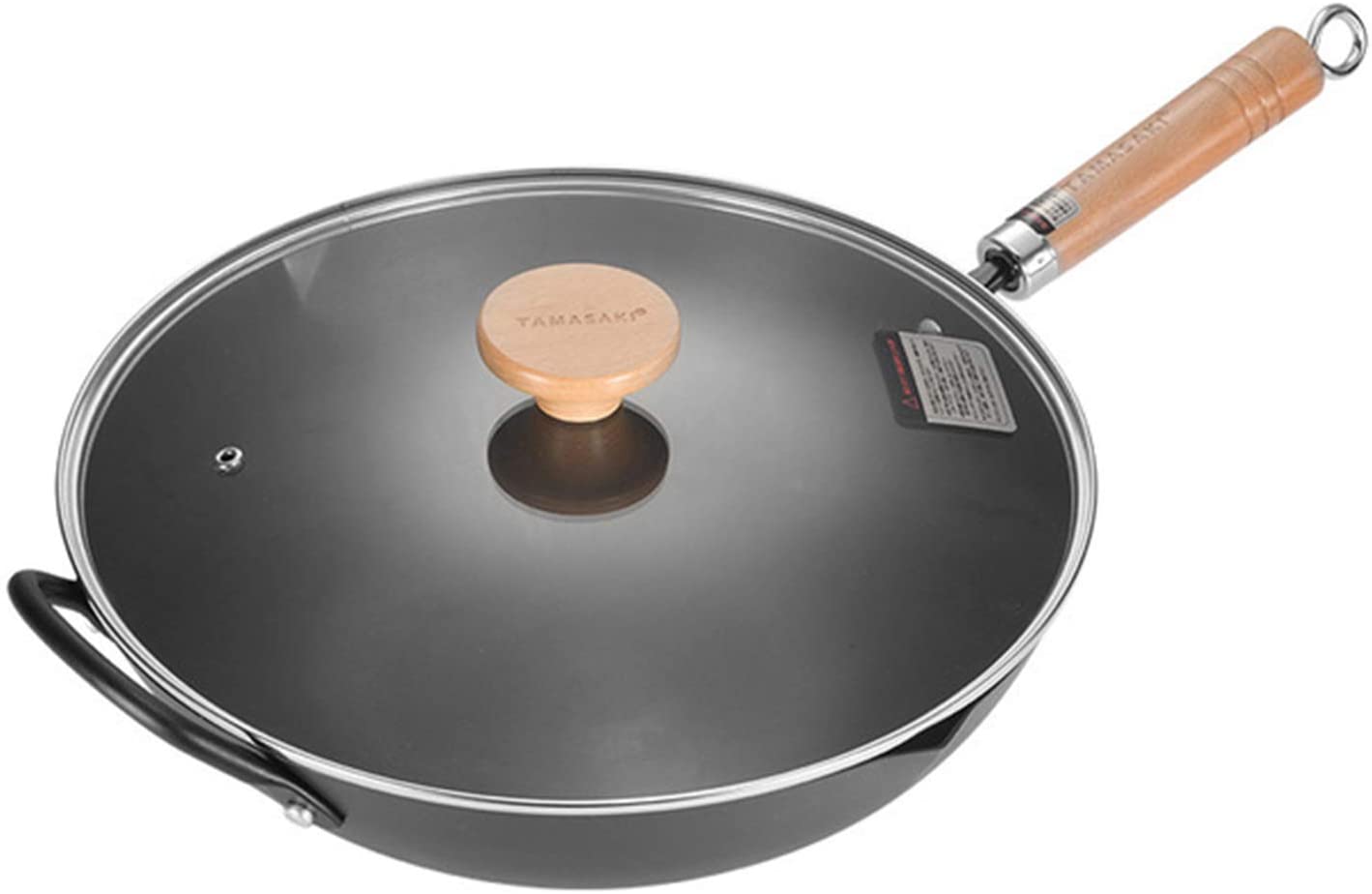 tamasaki Cast Iron Wok with Lid, 13" Pre-Seasoned Flat Bottom Stir Fry Pan with Wooden Handle