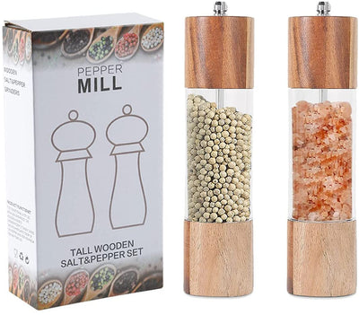 Salt and Pepper Grinder Set, Manual Refillable Pepper Grinder Mill, Used for Sea Salt, Black Pepper, and Spice (Pack Of 2) (8 inch)