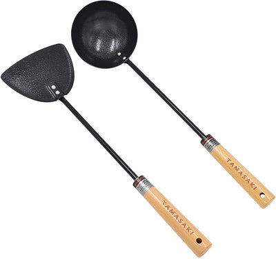 \Wok Iron Shovel and Iron Spoon Cooking Utensil Set with Beech Handle，14.6 Inch Spatula，15.4 Inch Stir-Fry Spoon