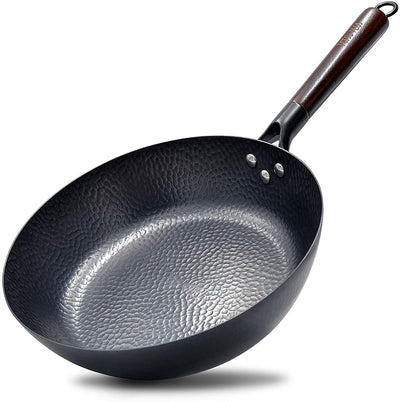 Frying Pan 11 Inch Uncoated Flat Bottom Deep Saute Pan Hand Hammered Iron Wok Pan Suitable for Induction Cooker, Electric , Natural Gas