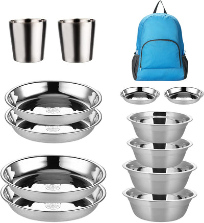 Stainless Steel Dinner Plates, Camping Round Plates, Bowls, Dish Cups Set for Camping, Hiking, Beach,Outdoor Use with Travel Bag (12 pcs) Visit the FJNATINH Store