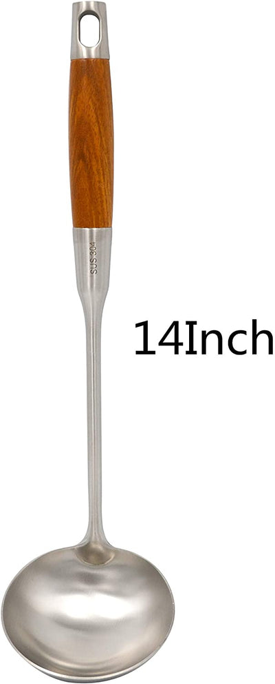 Wok Soup Ladle with Long Wooden Handle 304 Stainless Steel Utensils (B-Ladle)