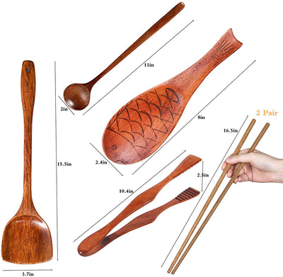 Kitchen (6 Pc Set) Wooden Utensils For Cooking - Wood Wok Shovel,Wooden Barbecue Tongs,Cooking chopsticks,Long Spoons Wooden,Nanmu Fish Shaped Rice Spoon.