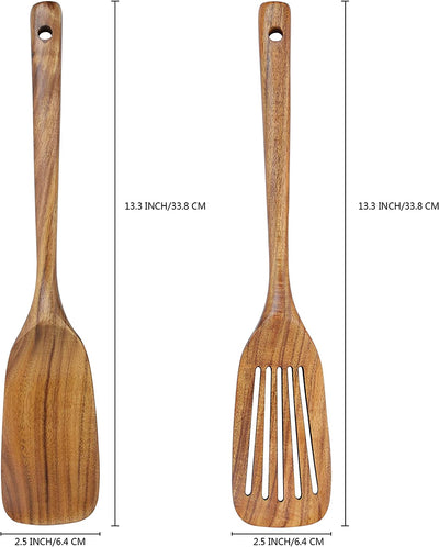 Wooden Spatula & Slotted Spatula Set, Natural Teak Kitchen Cooking Utensil Long Handle Wood Turner and Slotted Turner