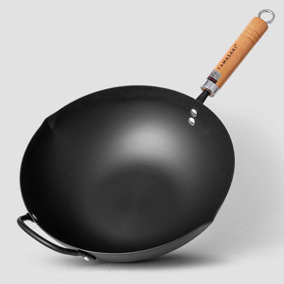 tamasaki Cast Iron Wok with Lid, 13" Pre-Seasoned Flat Bottom Stir Fry Pan with Wooden Handle