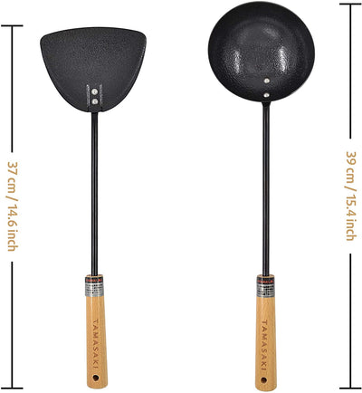 \Wok Iron Shovel and Iron Spoon Cooking Utensil Set with Beech Handle，14.6 Inch Spatula，15.4 Inch Stir-Fry Spoon