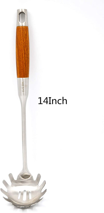 Spaghetti server spoon with Long Wooden Handle 304 Stainless Steel Utensils 14Inch (E-Spaghetti server)