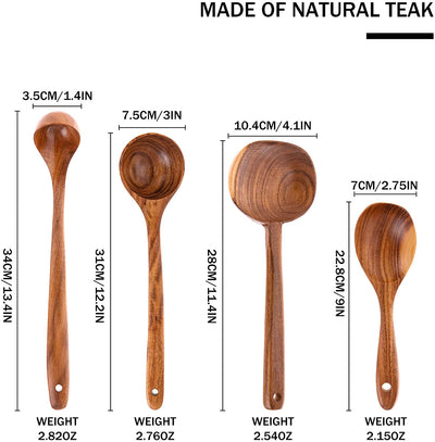 Wooden Soup Ladle Set, Kitchen Spoon Set Utensils, 4 Pcs Handmade Natural Teak Cooking Spoons, Long Handle Wooden Soup Ladle Spoon