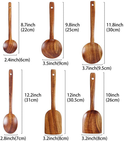 Wooden Cooking Utensil Set 6 Pcs Natural Teak Cooking Spoons & Spatula for Non-stick Cookware