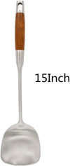 Wok Spatula with Long Wooden Handle 304 Stainless Steel Utensils 15Inch (A-Spatula)