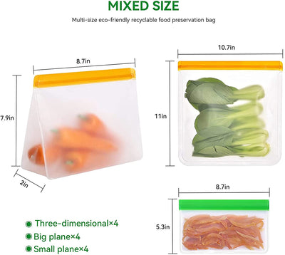 Reusable Food Storage Bags Stand Up, 12 Pack Reusable Freezer Bags(BPA FREE), Leakproof Silicone Snack Food Bags with 2Pcs Ziplock Bag Holder (Mixed)