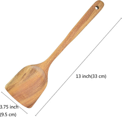 Wooden Wok Spatula, Natural Teak Long Handle Turner, Handmade for Non-stick Cookware, 13 Inch