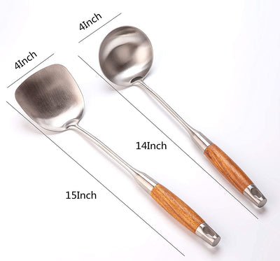 Wok Spatula and Ladle,304 Stainless Steel Utensils.Suitable for home use, hotel, restaurant.13.7-15Inch