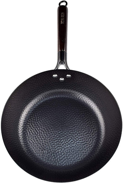 Frying Pan 11 Inch Uncoated Flat Bottom Deep Saute Pan Hand Hammered Iron Wok Pan Suitable for Induction Cooker, Electric , Natural Gas