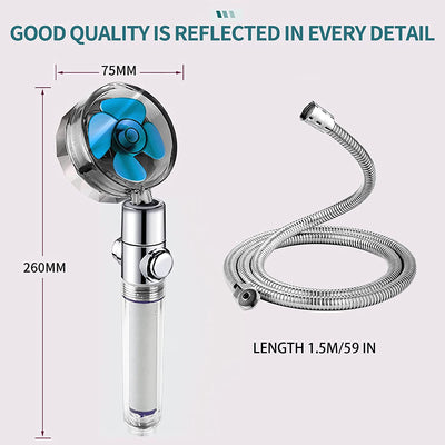 High-Pressure Handheld Shower Head, 360° Rotating Bath Shower Head, Propeller Handheld Shower with Hose, Bracket and 2Pcs Filter (Blue)