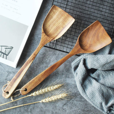 Wooden Wok Spatula, Natural Teak Long Handle Turner, Handmade for Non-stick Cookware, 13 Inch