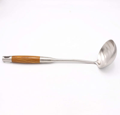 Wok Soup Ladle with Long Wooden Handle 304 Stainless Steel Utensils (B-Ladle)