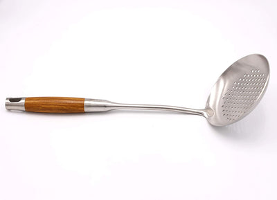 Wok Skimmer Slotted Ladle with Long Wooden Handle 304 Stainless Steel Utensils (D-Skimmer)