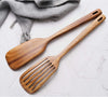 Wooden Spatula & Slotted Spatula Set, Natural Teak Kitchen Cooking Utensil Long Handle Wood Turner and Slotted Turner