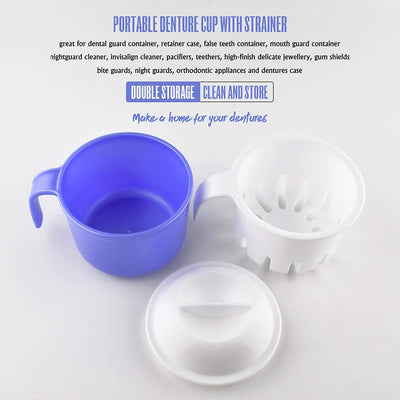 Denture Bath Case with Strainer,Large False Teeth Bath Cup with Lid for Soaking Dentures or Storing Pacifier,Capacity 10.6 Oz