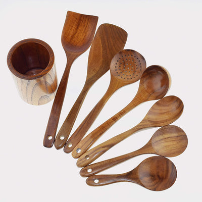 Wooden Spoons for Cooking, Nonstick Wood Kitchen Utensil Cooking Spoons, Natural Teak Kitchen Utensils Set（8 Pcs）