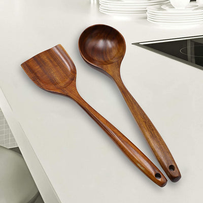 Wooden Wok Spatula Ladle Set, Natural Teak Kitchen Cooking Utensil Set Wooden Spoon-2pcs