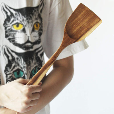 Wooden Wok Spatula, Natural Teak Long Handle Turner, Handmade for Non-stick Cookware, 13 Inch