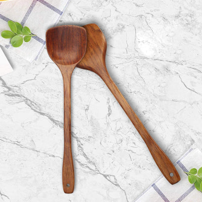 Wooden Spatula, 2Pcs Long Handle Flat Non-Stick Kitchen Cookware for Mixing and Cooking, 15.35”