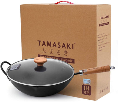 tamasaki Cast Iron Wok with Lid, 13" Pre-Seasoned Flat Bottom Stir Fry Pan with Wooden Handle