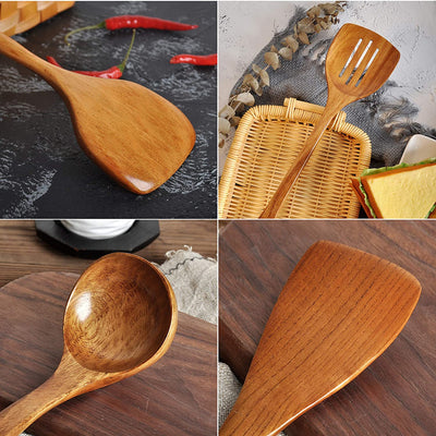 Wooden Spatula,Slotted Turner,Ladle Long Handle Utensils Set.Handmade for Kitchen Cookware (Utensil 4 Sets)