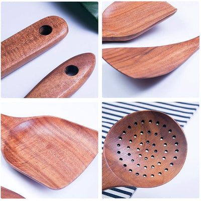 Wooden Spoons for Cooking, Nonstick Wood Kitchen Utensil Cooking Spoons, Natural Teak Kitchen Utensils Set（7 Pcs）