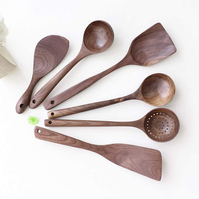 Wooden Kitchen Utensils Set, 5 PCS Handmade Natural Walnut Wooden Spoons for Cooking, Nonstick Wood Kitchen Cooking Spoons