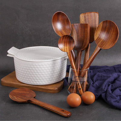 Wooden Cooking Utensil Set 6 Pcs Natural Teak Cooking Spoons & Spatula for Non-stick Cookware