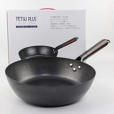 Frying Pan 11 Inch Uncoated Flat Bottom Deep Saute Pan Hand Hammered Iron Wok Pan Suitable for Induction Cooker, Electric , Natural Gas